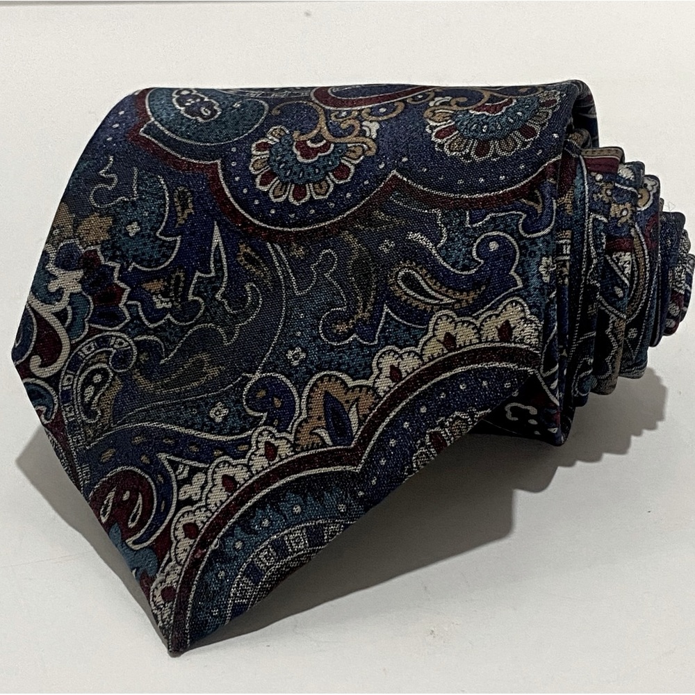 VTG Towncraft Paisley Tie Blue Burgundy Gold Made in USA Men's Necktie 58"